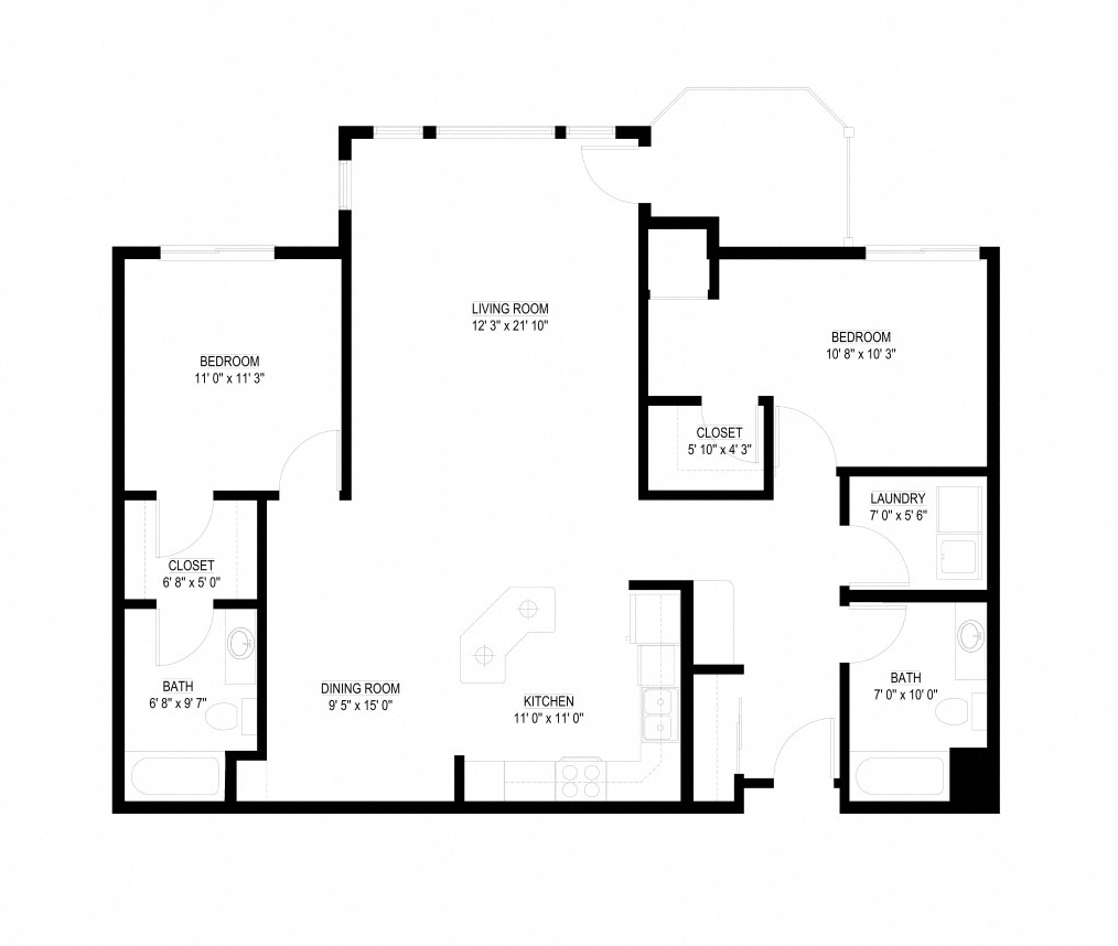 Floor plan for 2 beds, 2 baths, 1237 sqft